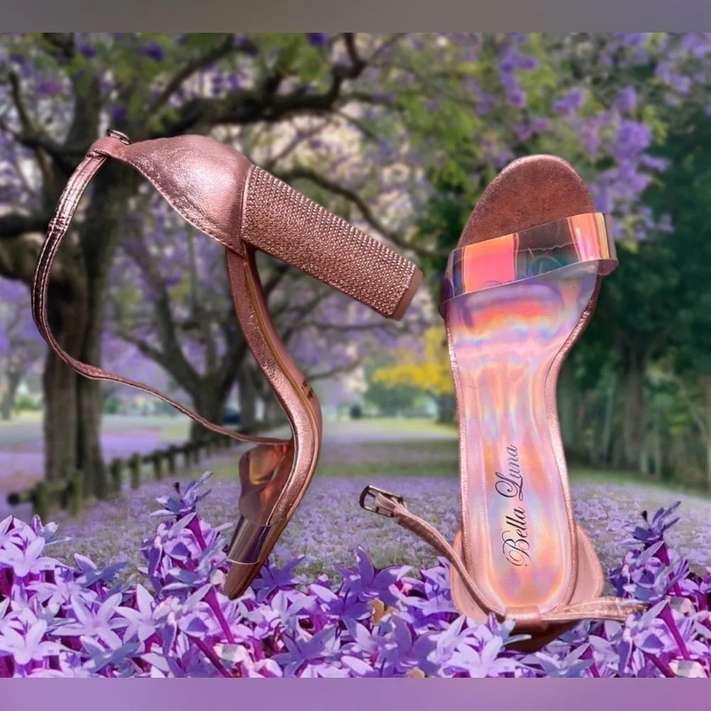Bella Luna STAN Nude Champagne Bright Rhinestone Chunky Platform Mary Jane Heels